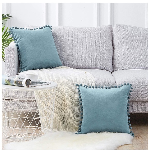 Dusty Light Blue Modern Preppy Pompom Throw Pillow Decorative Cute Cover Set - Picture 2 of 16